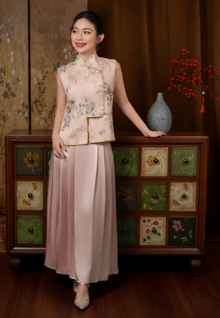 Jing Wen Satin Pleated Skirt (Pink)