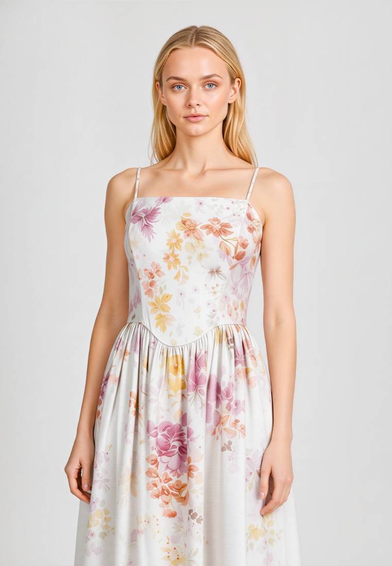 Woman wearing Love Knot Aurora floral maxi dress