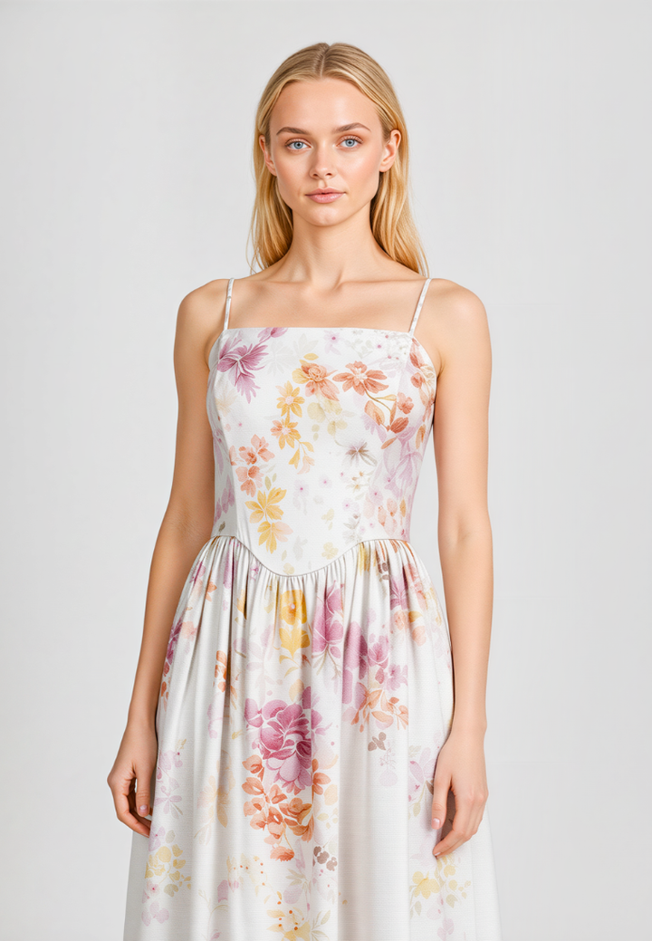 Woman wearing Love Knot Aurora floral maxi dress