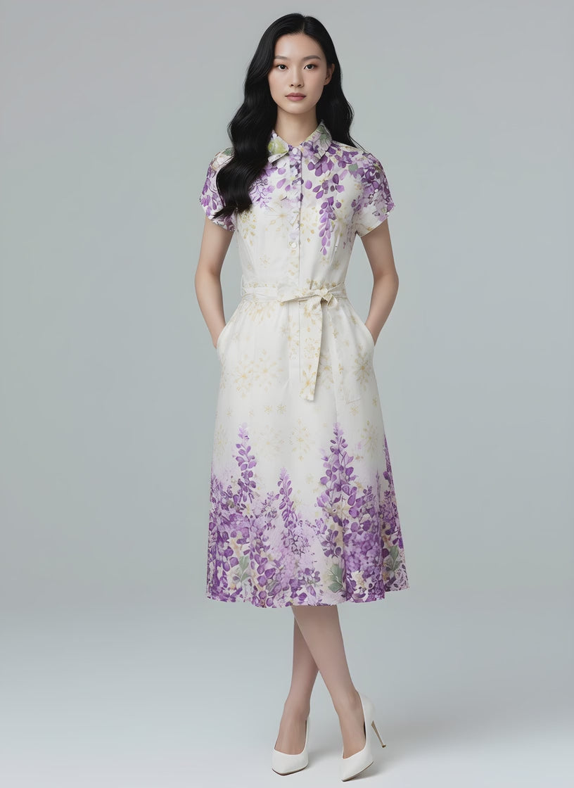 Camellia Cotton Eyelet Floral Prints Button Down A-line Collared Dress (Purple)