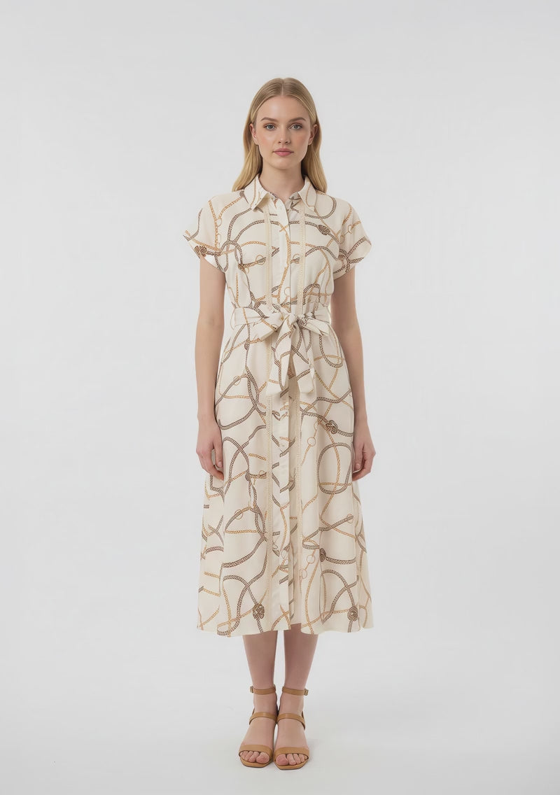 Evelyne Bridle Print Tie Waist Button Down Midi Dress (Beige)