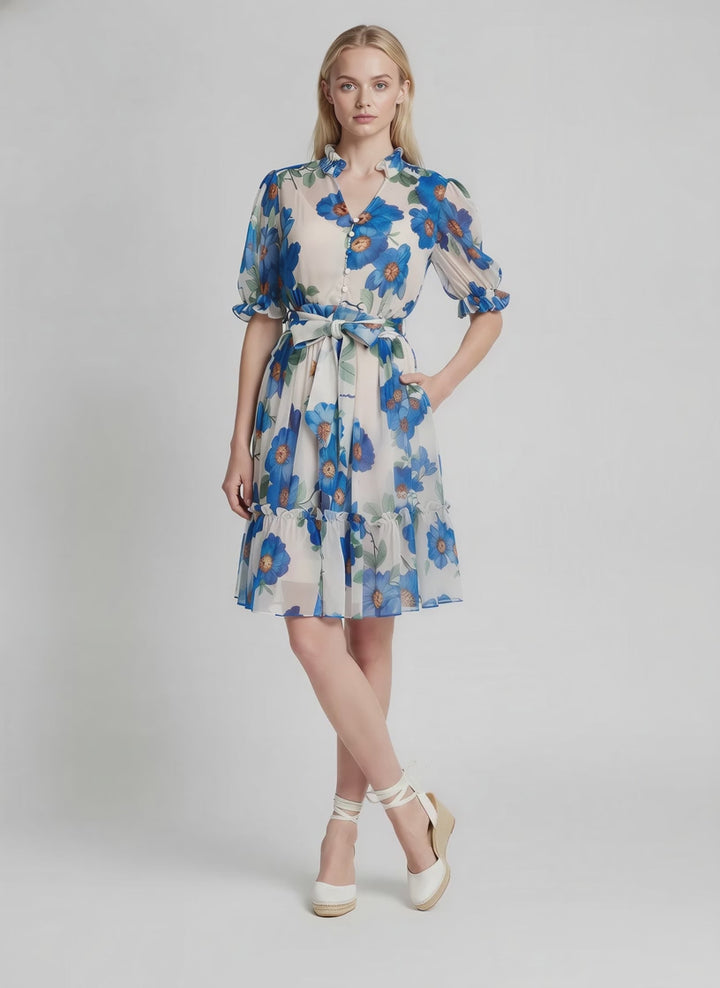 Elena Floral Chiffon Ruffle Collar Tiered Hem Dress (Blue)