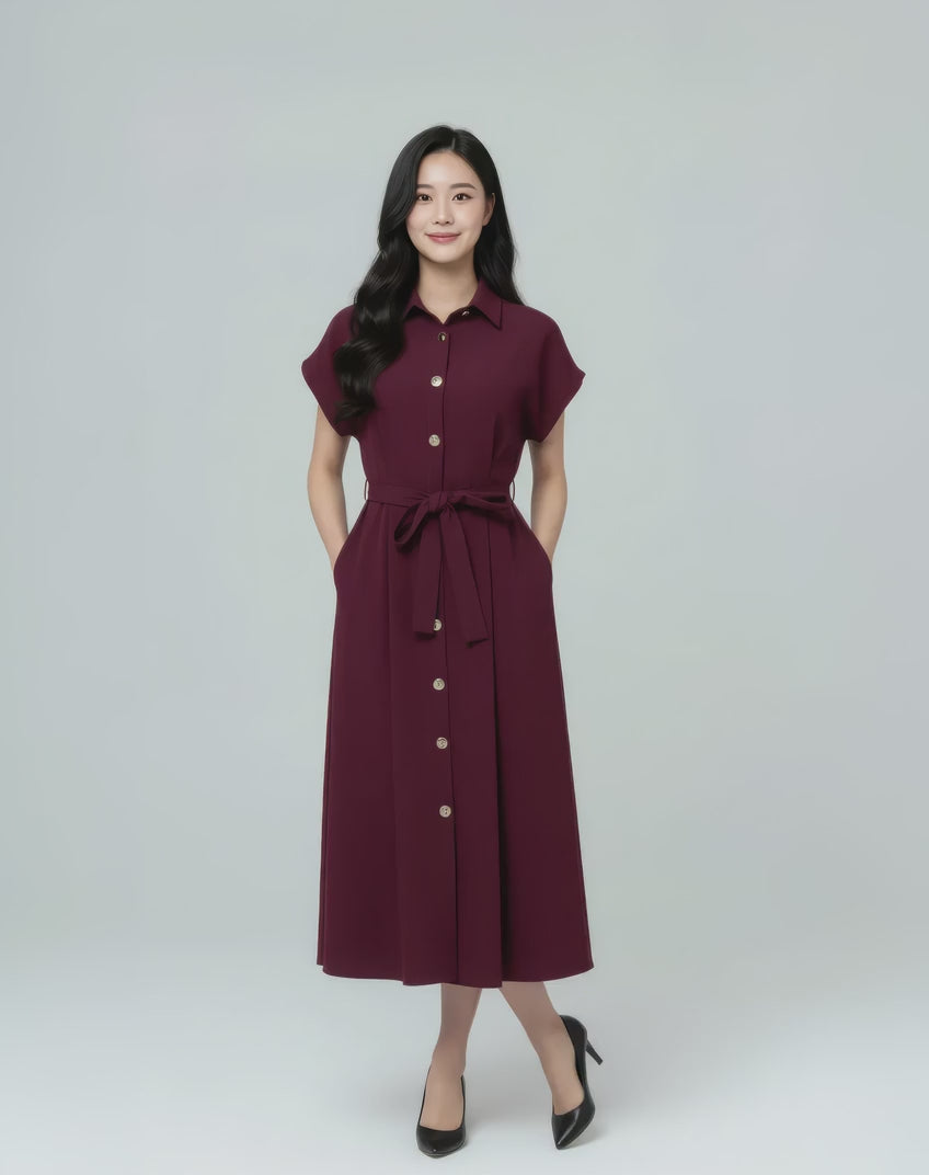 Dewi Collar Button Down Dress (Burgundy)