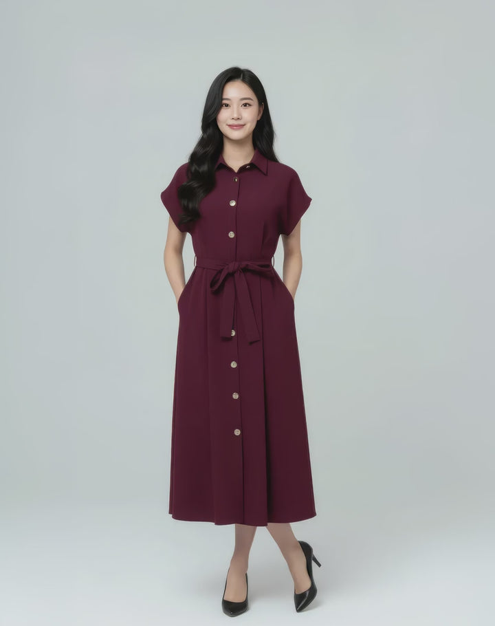 Dewi Collar Button Down Dress (Burgundy)