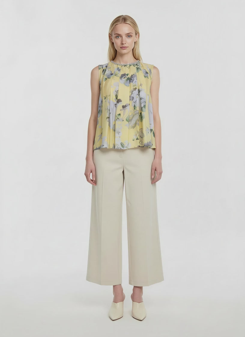 Sofia Beaded Neckline Pleated Floral Top (Yellow)