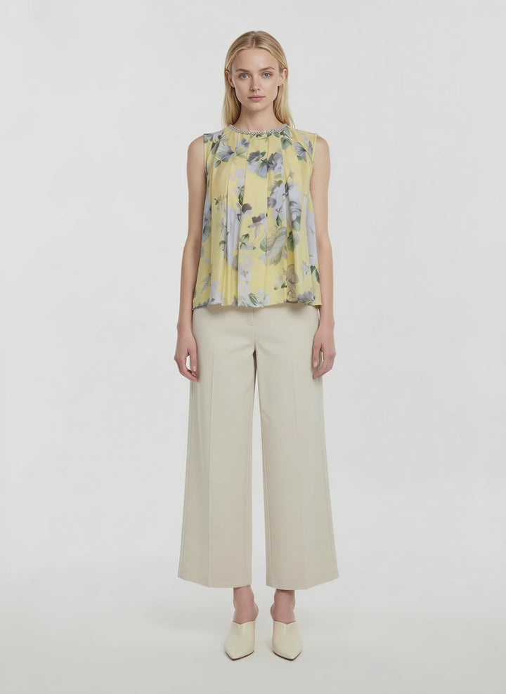 Sofia Beaded Neckline Pleated Floral Top (Yellow)