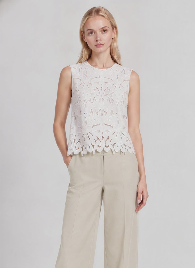 Belle Cotton Lace Sleeveless Scallop Hem Top (White)