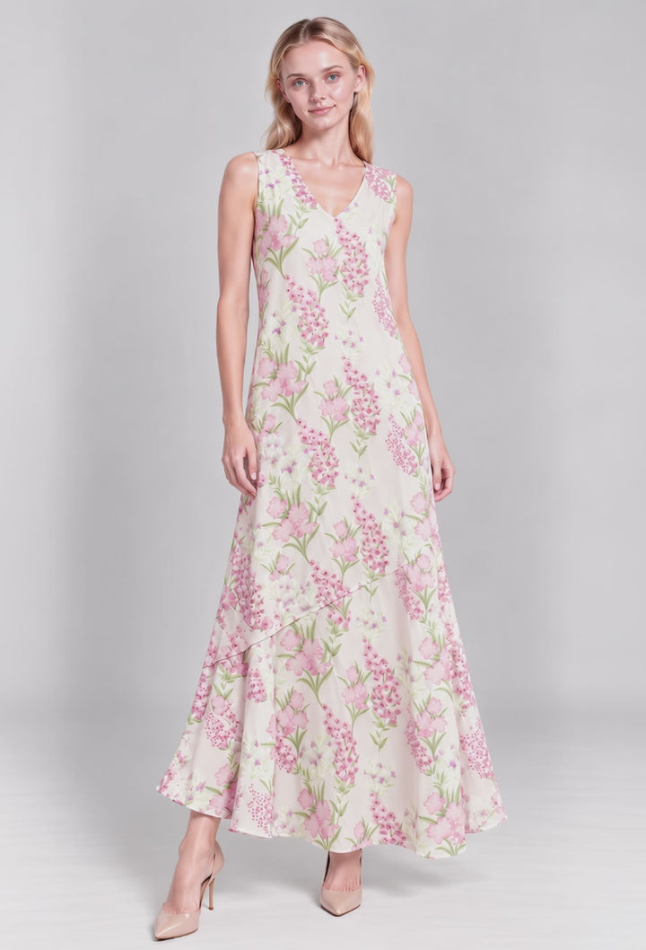 Lenora Floral Prints V-Neck Sleeveless Maxi Dress (Pink)