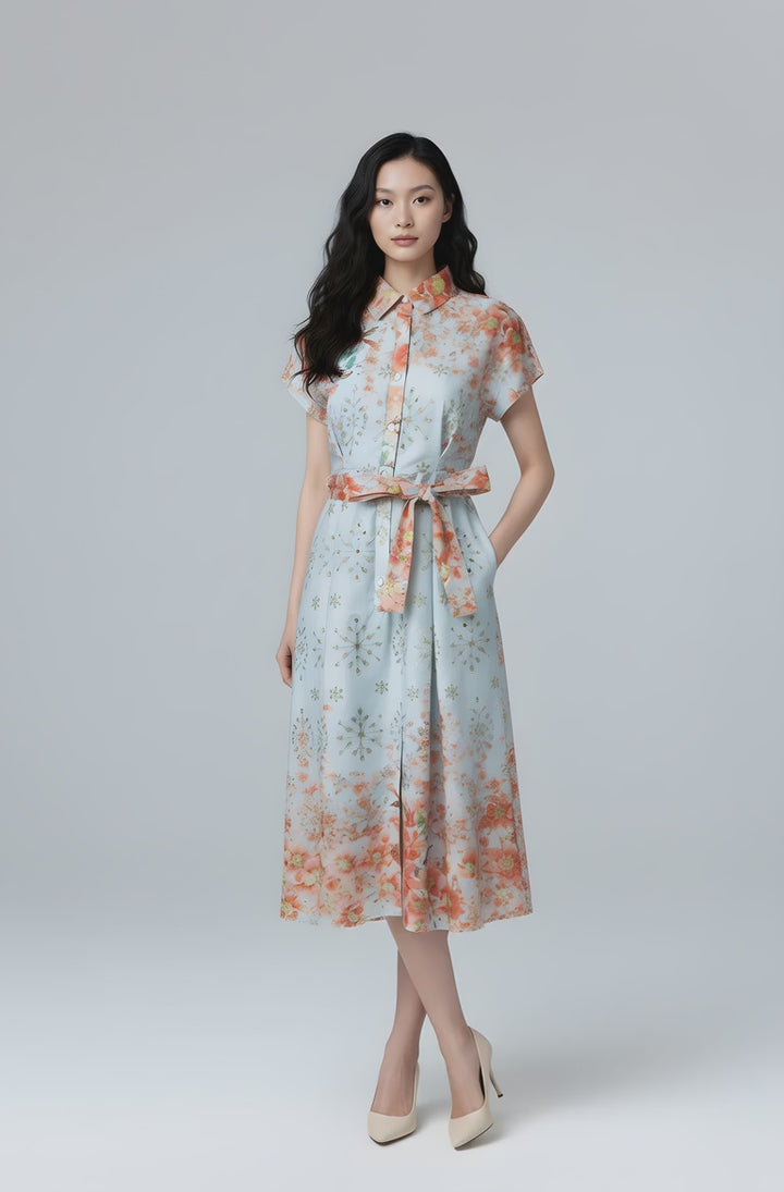 Camellia Cotton Eyelet Floral Prints Button Down A-line Collared Dress (Blue)