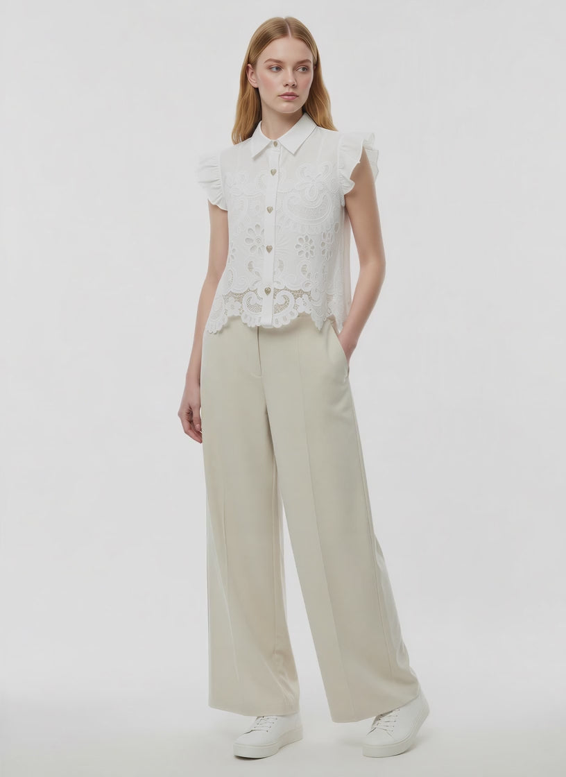 Mia Guipure Lace Ruffle Sleeve Blouse Top (White)