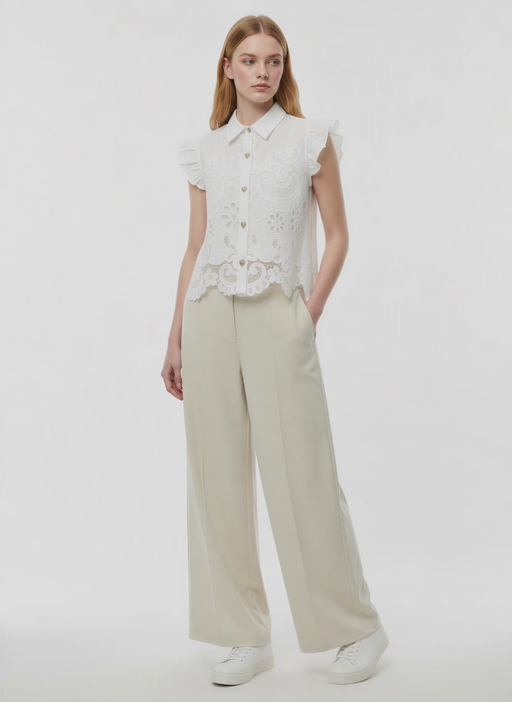 Mia Guipure Lace Ruffle Sleeve Blouse Top (White)