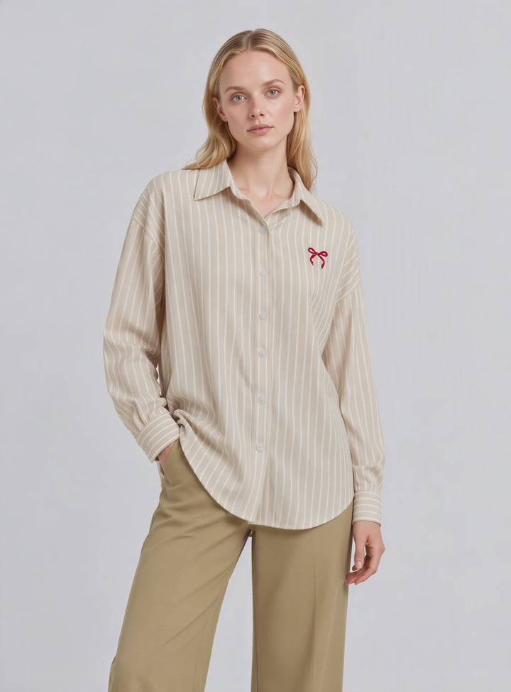 Victoria Striped Ribbon Shirt (Beige)