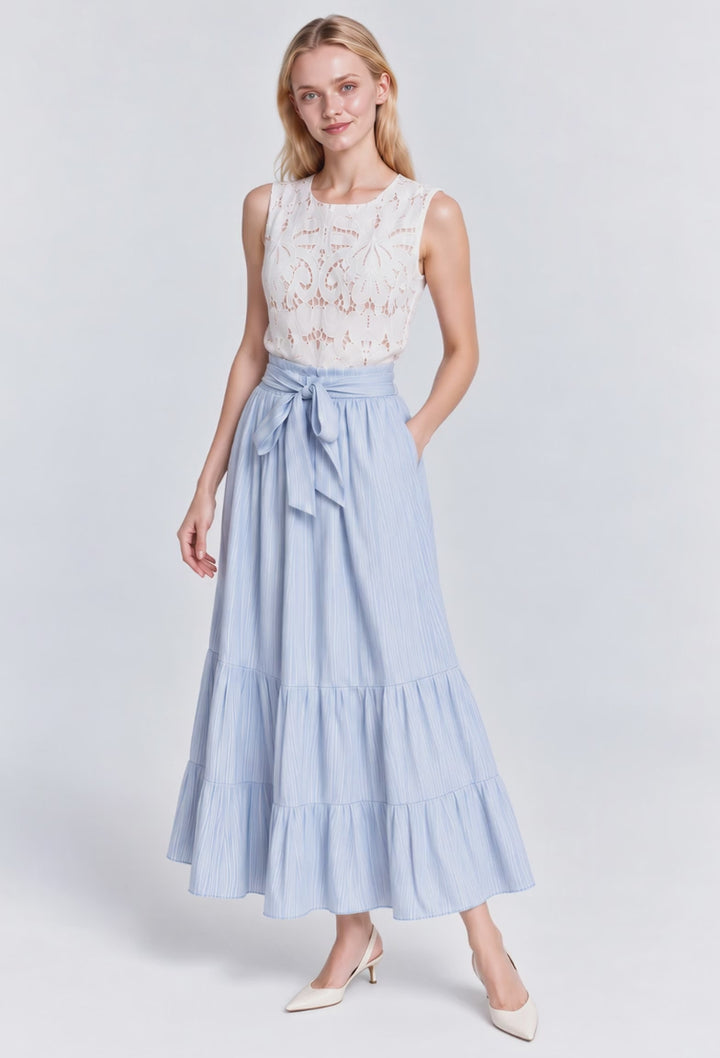 Lily Crinkle Prints Tie Waist Tiered Maxi Skirt (Blue)