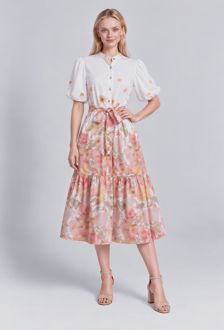 Helena Mandarin Collar Puff Sleeves Tiered Floral Midi Dress (Orange)