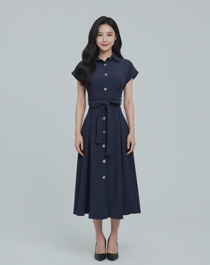 Dewi Collar Button Down Dress (Navy)