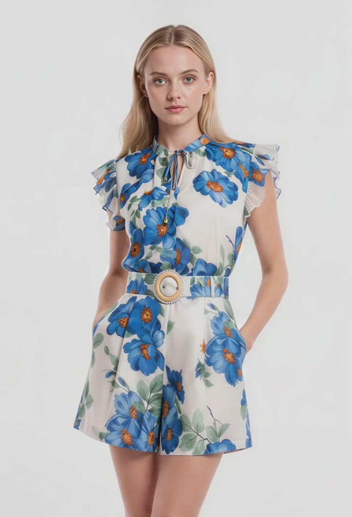 Delia Floral Print Belted High Waisted Shorts (Blue)