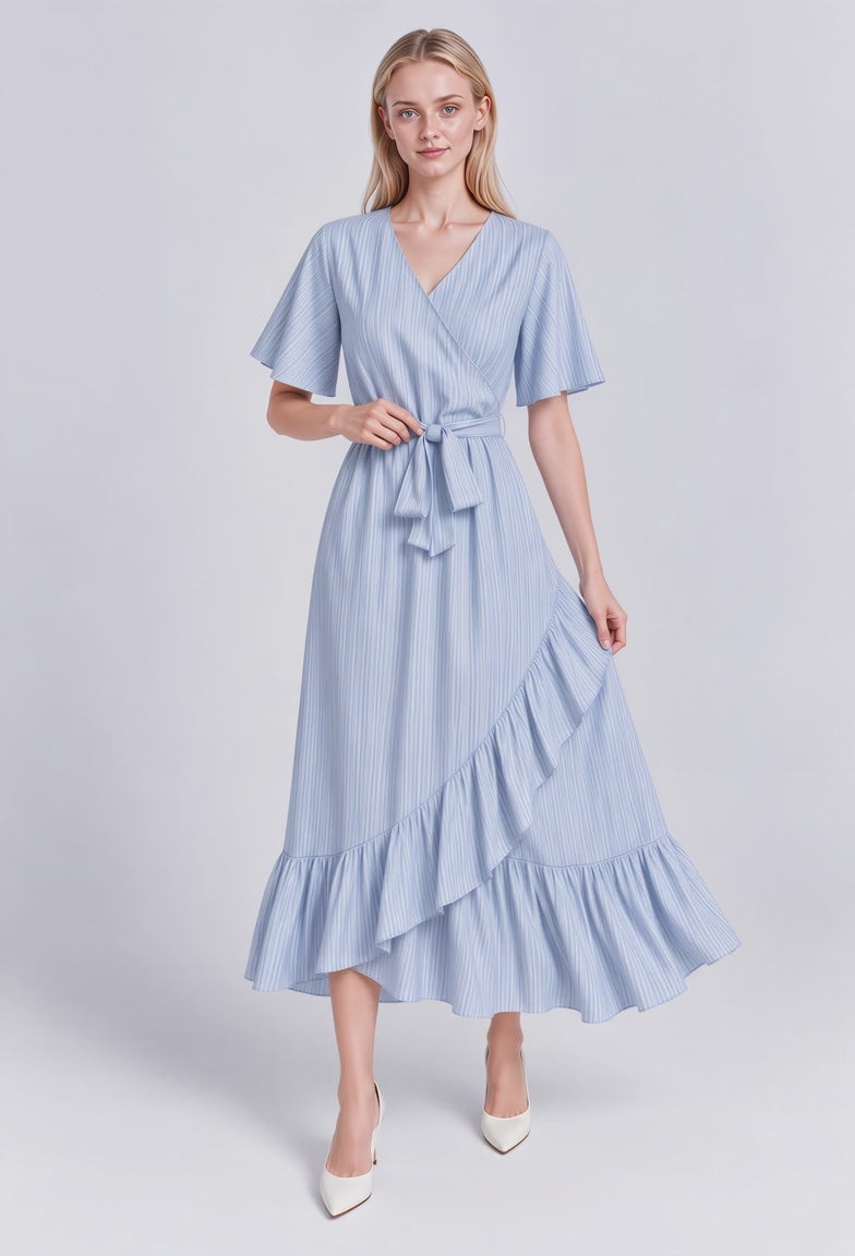 Lillian Crinkle Prints Wrap V-Neck Flutter Sleeve Maxi Dress (Blue)