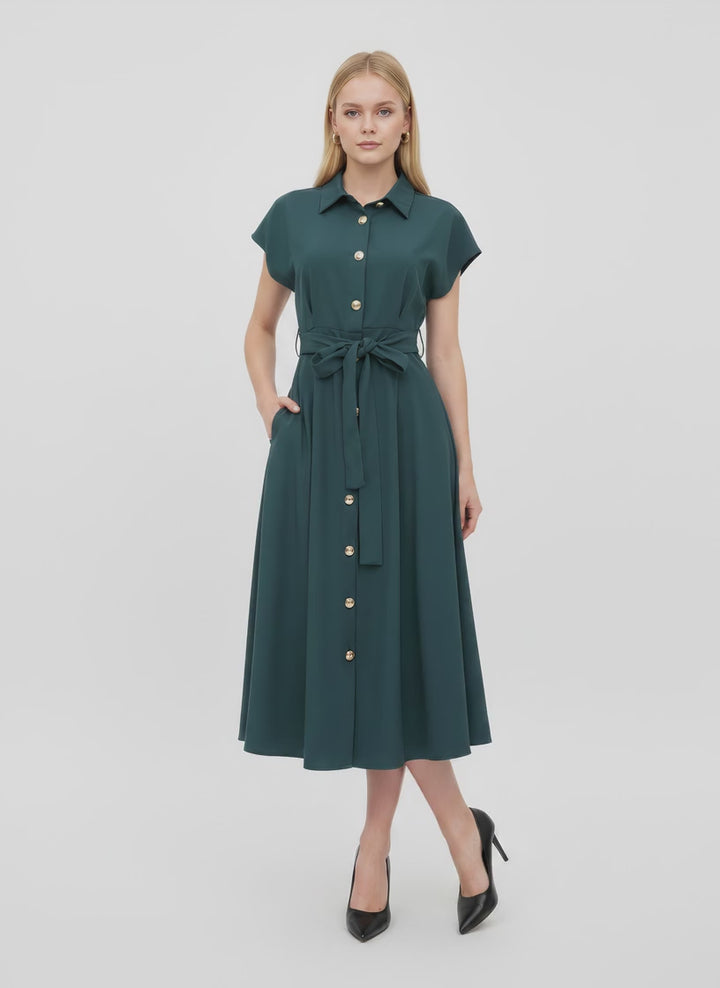 Dewi Collar Button Down Dress (Emerald Green)