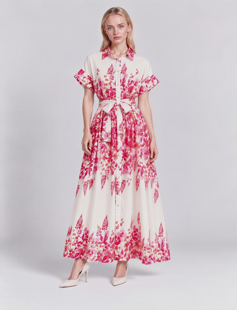 Millie Floral Prints Tie Waist Shirt Maxi Dress (Pink)