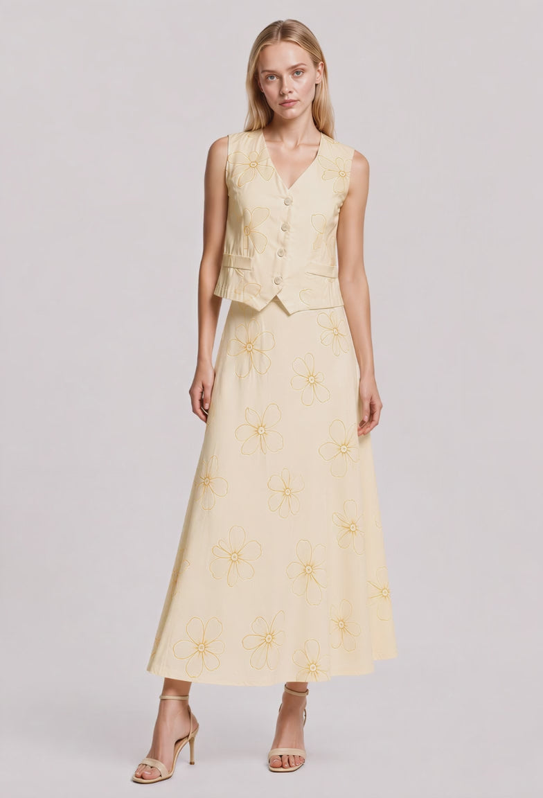 Lena Floral Embroidered Button Down Vest Top (Beige)