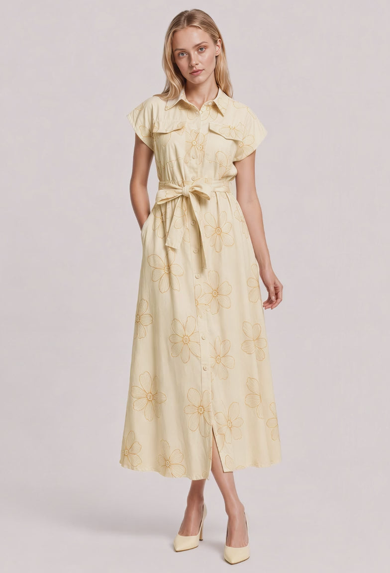 Nora Floral Embroidered Button Down Midi Dress (Beige)