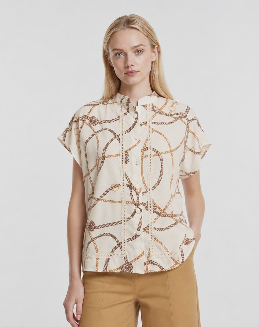 Constance Bridle Print Button Down Blouse Top (Beige)