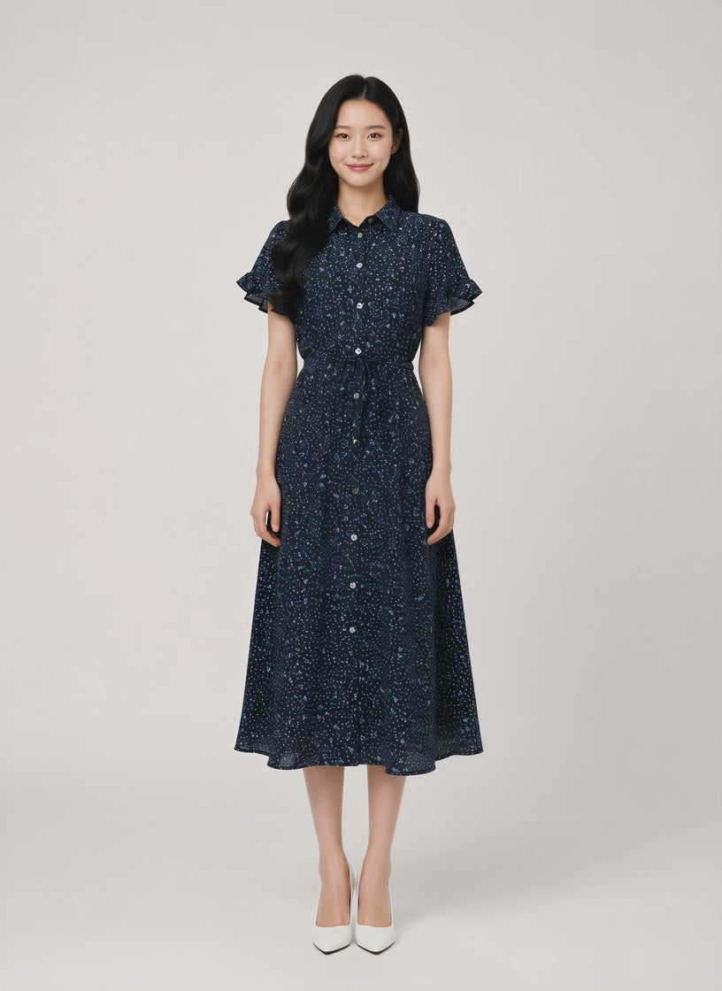Linnea Floral Ruffle Sleeve With Tie Waist Midi Dress (Navy)
