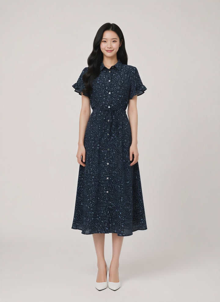 Linnea Floral Ruffle Sleeve With Tie Waist Midi Dress (Navy)