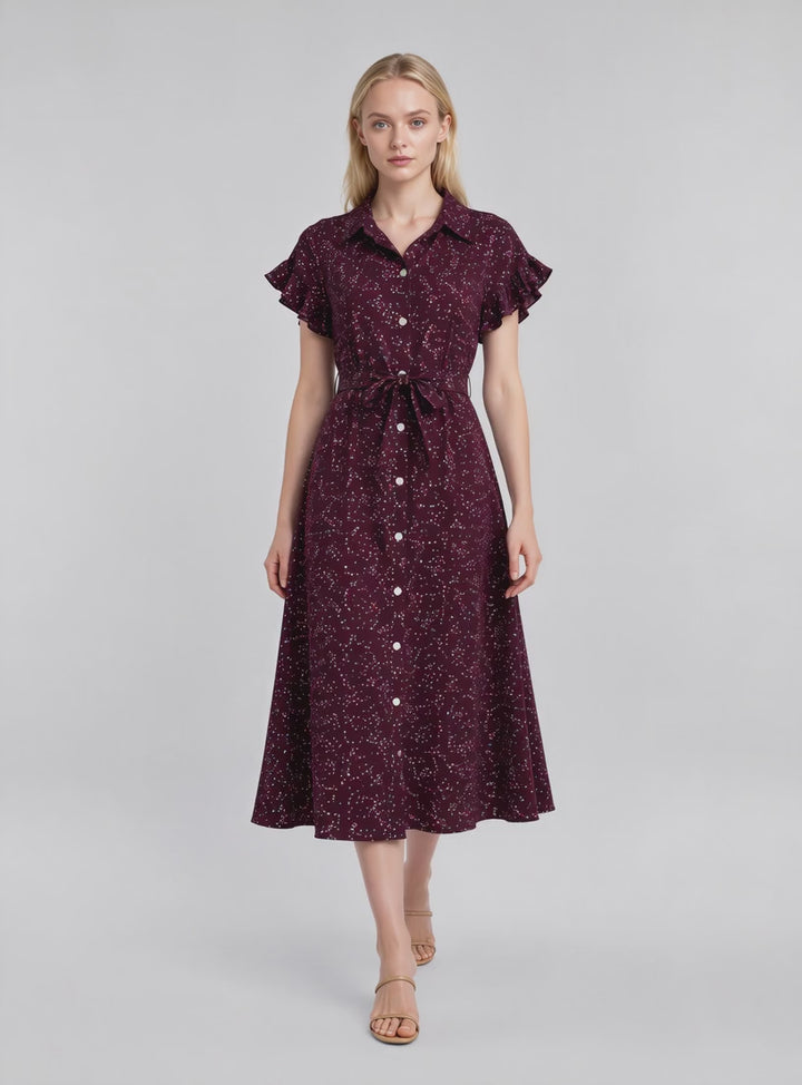Linnea Floral Ruffle Sleeve With Tie Waist Midi Dress (Burgundy)