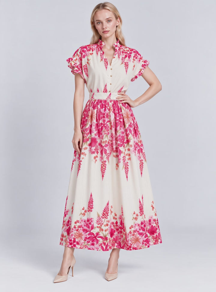 Emmy Floral Prints High Waist Pleated Midi Skirt (Pink)