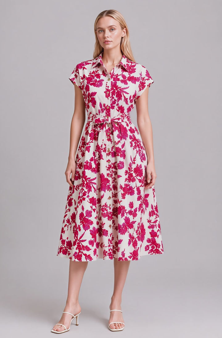 Lila Floral Print Collar Button Down Dress (Pink)