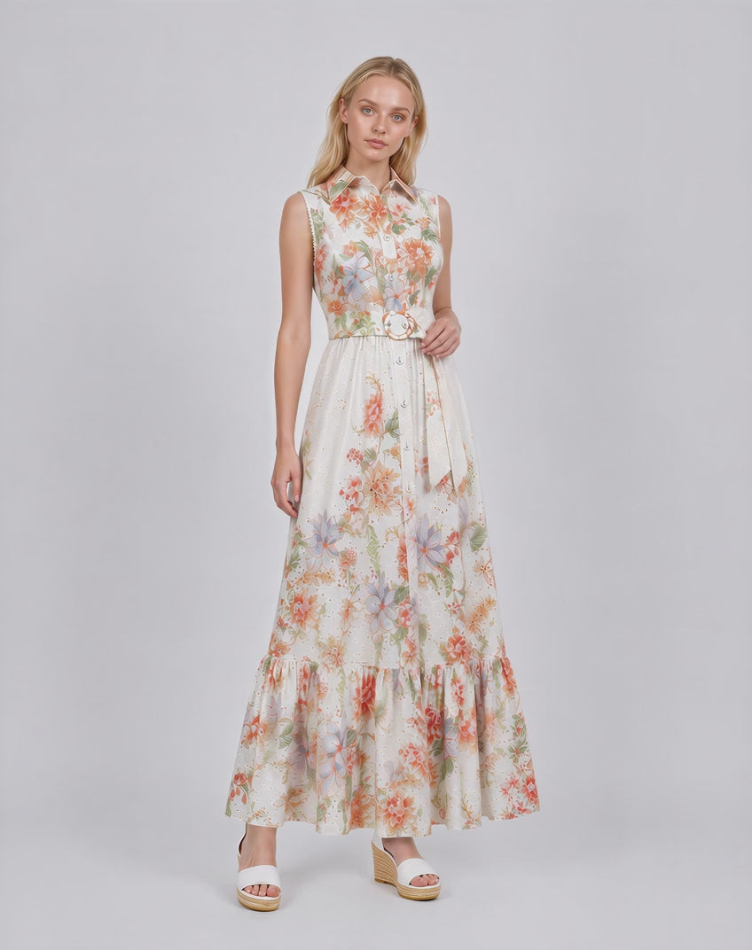 Clementine Floral Print Belted Tiered Hem Maxi Dress (White)