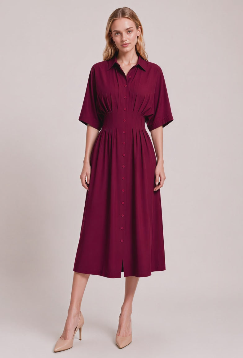 Melissa Pleated Cinched Waist Midi Dress (Burgundy)