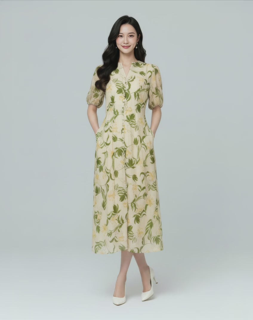 Briana Floral Prints With Puff Sleeve A-line Midi Dress (Green)