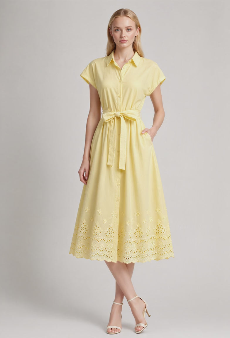 Hazel Cotton Eyelet Hem Midi Dress (Yellow)