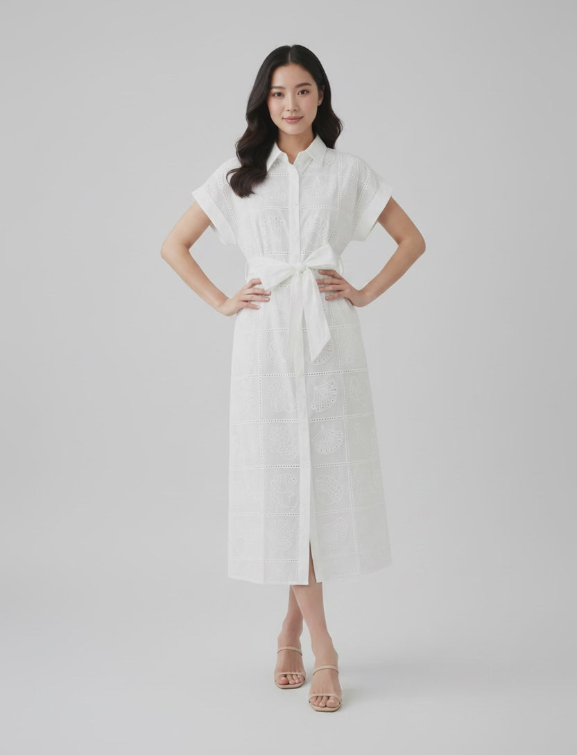 Cora Seashell Cotton Eyelet Tie Waist Midi Dress (White)