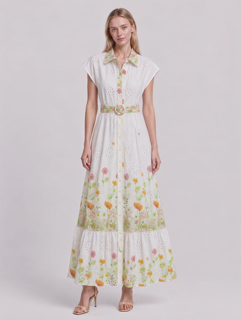 Valeria Eyelet Floral Prints Belted Tiered Maxi Dress (White)