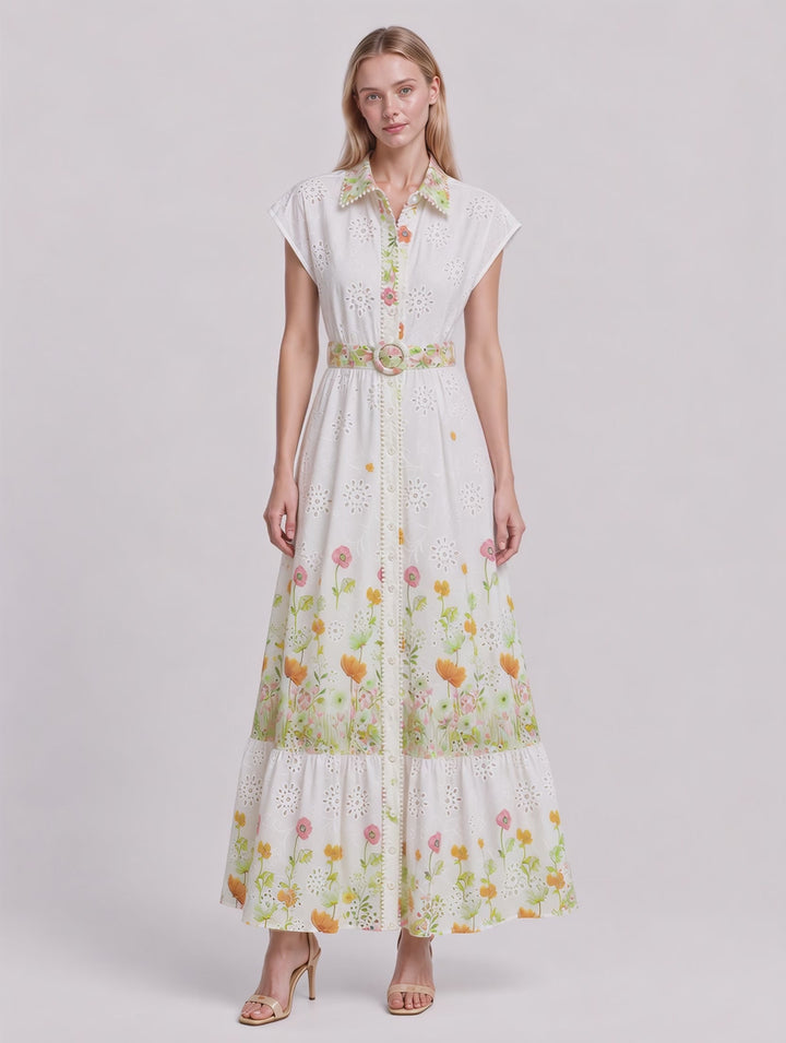 Valeria Eyelet Floral Prints Belted Tiered Maxi Dress (White)