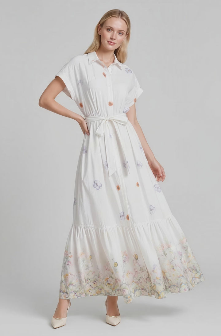 Winnie Floral Prints Tie Waist Tiered Maxi Dress (White)