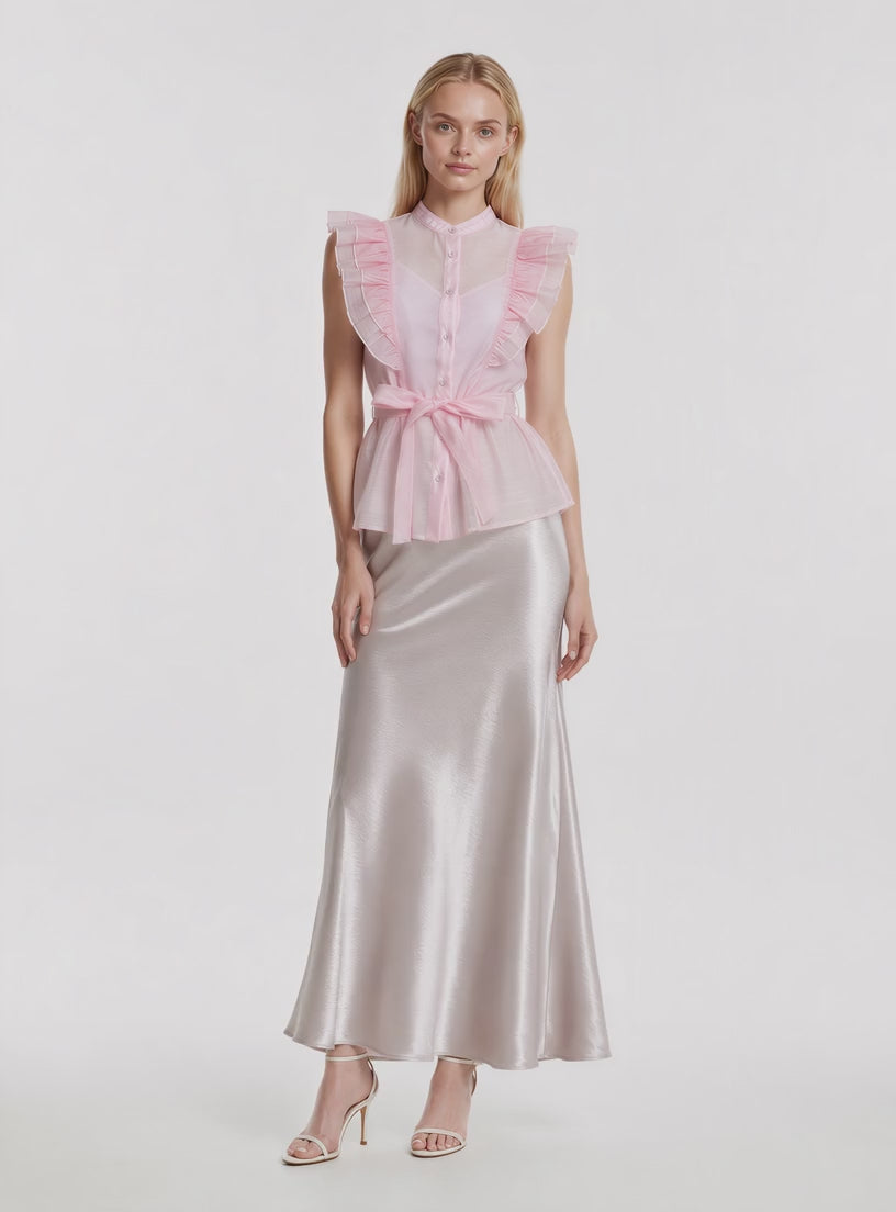 Poppy Ruffle Shoulder Tie Waist Button Down Blouse Top (Pink)