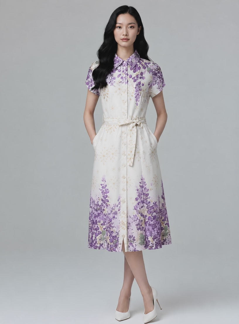 Camellia Cotton Eyelet Floral Prints Button Down A-line Collared Dress (Purple)