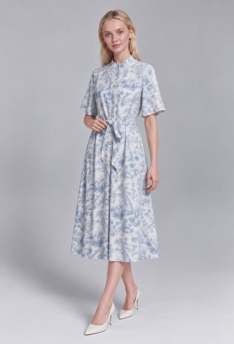 Josephine Toile Prints Mandarin Collar Flutter Sleeve Midi Dress (Blue)