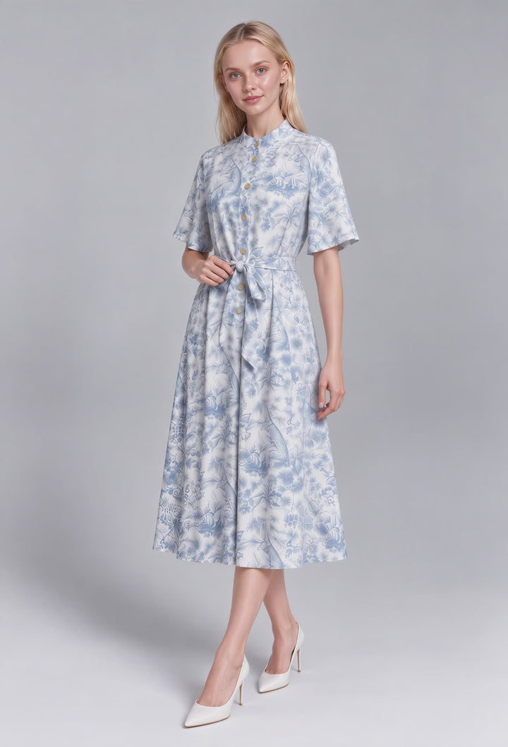 Josephine Toile Prints Mandarin Collar Flutter Sleeve Midi Dress (Blue)