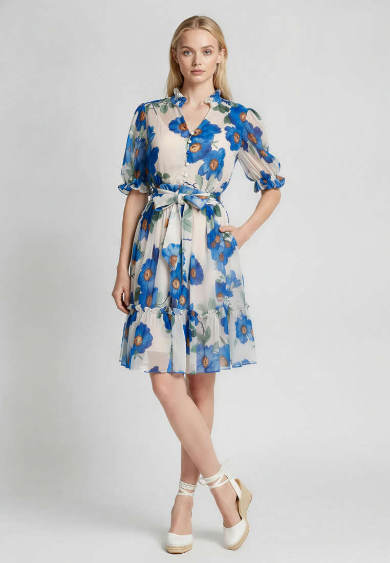 Elena Floral Chiffon Ruffle Collar Tiered Hem Dress (Blue)