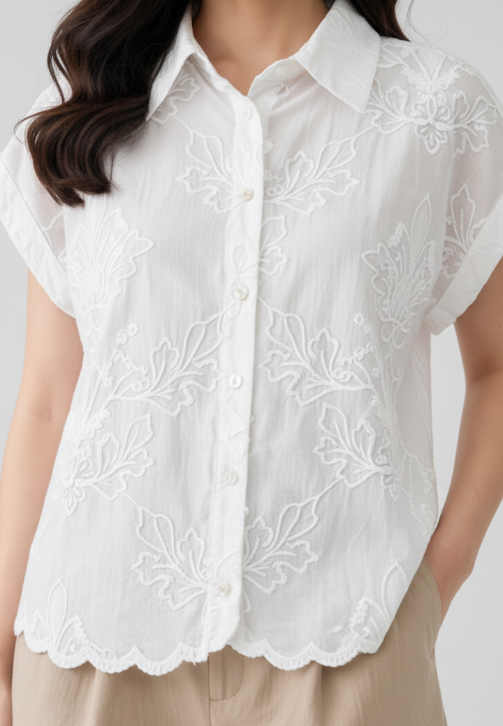 Phoebe Cotton Embroidered Scalloped Hem Button Down Shirt (White)