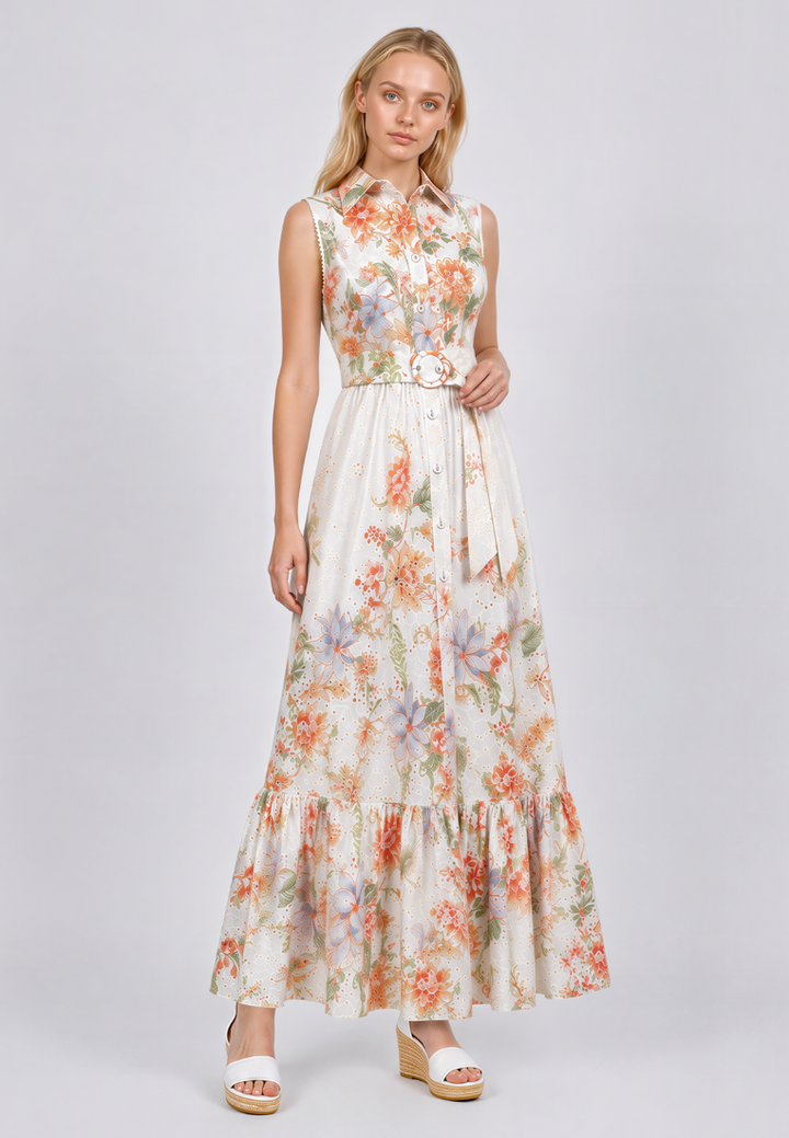 Woman wearing Love Knot Clementine white floral maxi dress, front view with shirt collar and matching belt