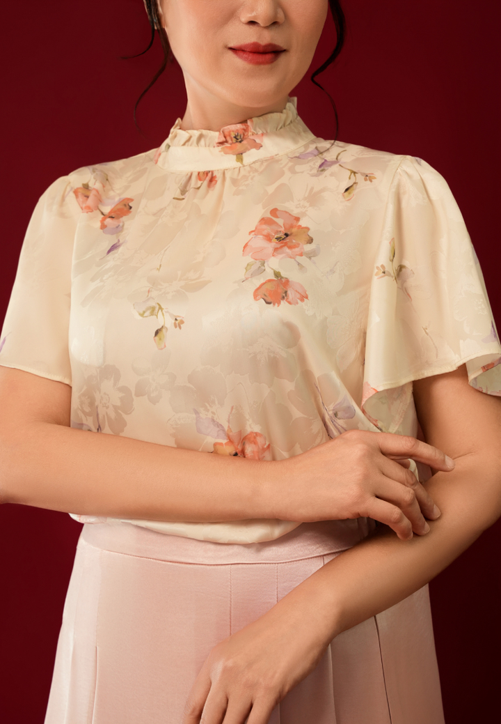 Violetta Ruffle High Neck Silky Floral Top (Yellow)
