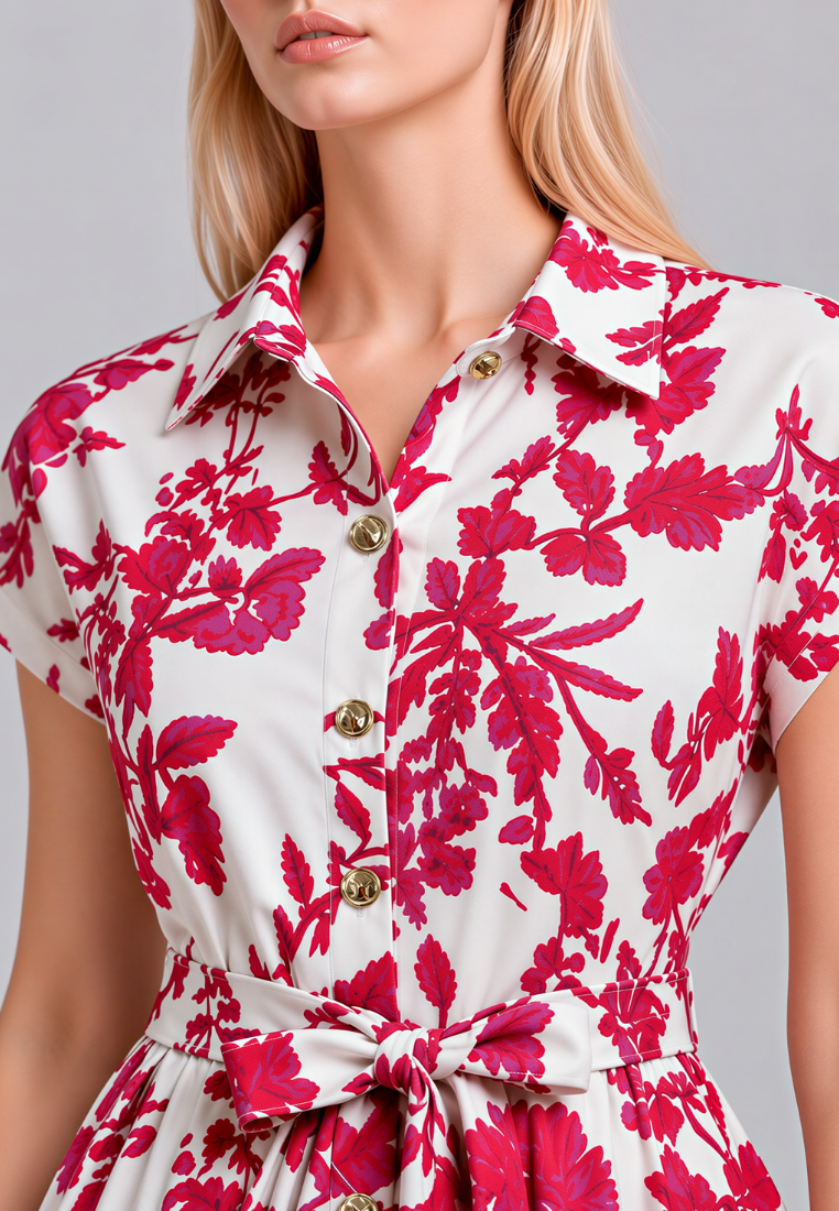 Lila Floral Print Collar Button Down Dress (Pink)