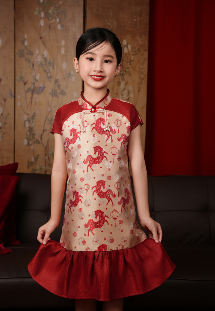 Little Yao Imperial Horse Jacquard Colour-Blocked Ruffles Cheongsam Dress (Red)