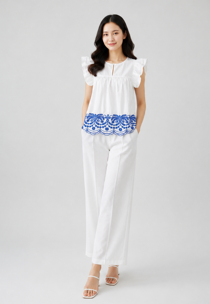 Thalia Cotton Embroidered Hem with Ruffle Sleeve Blouse Top (White)